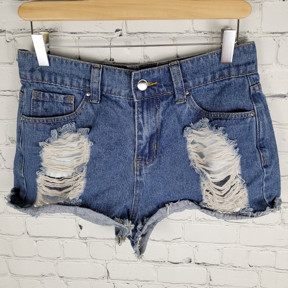 PRETTY LITTLE THING | distressed destroyed denim jean high rise shorts